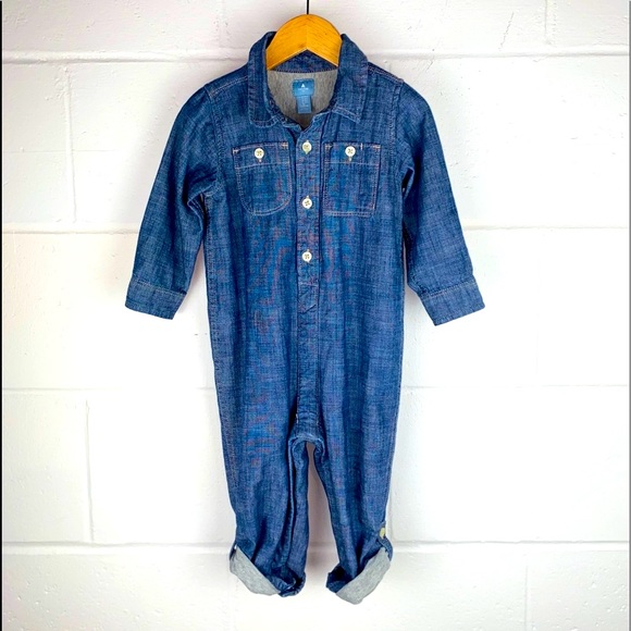 GAP Jersey Lined Button Down Denim Romper 18-24 Months GAP Denim Romper 18-24M - Picture 3 of 16
